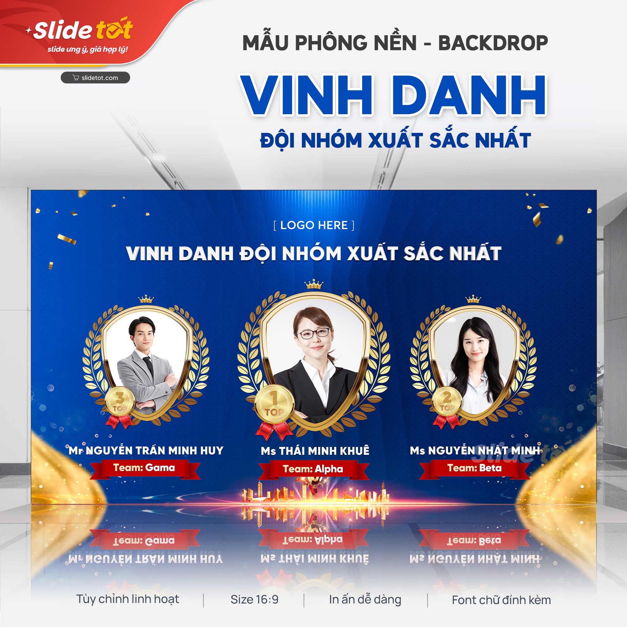 Mẫu Phông nền Backdrop Vinh danh đội nhóm xuất sắc nhất (Xanh dương) 3 Mẫu Phông nền Backdrop Vinh danh đội nhóm xuất sắc nhất (Xanh dương) - mẫu PowerPoint Slide Tốt